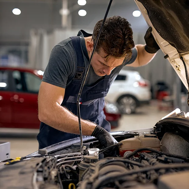 Mécanicien en salopette et gants noirs inspectant le moteur d'une voiture Les Essarts-le-Roi dans les Yvelines 78